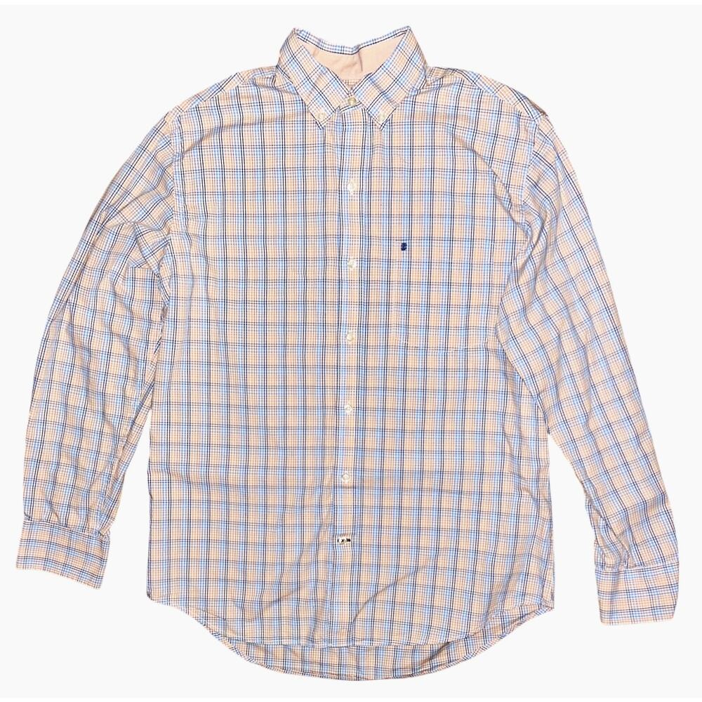 IZOD Premium Essentials Long Sleeve Button Down Orange & Blue Plaid Shirt M